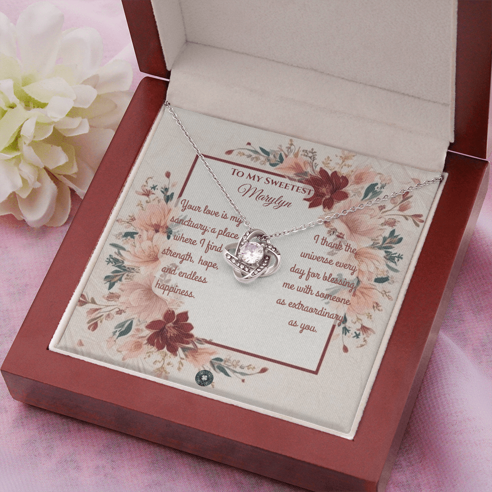 Love Knot Necklace: Darling Jewelry 14K White Gold Mahogany Style Luxury Box with LED The Silver Clover & Co.