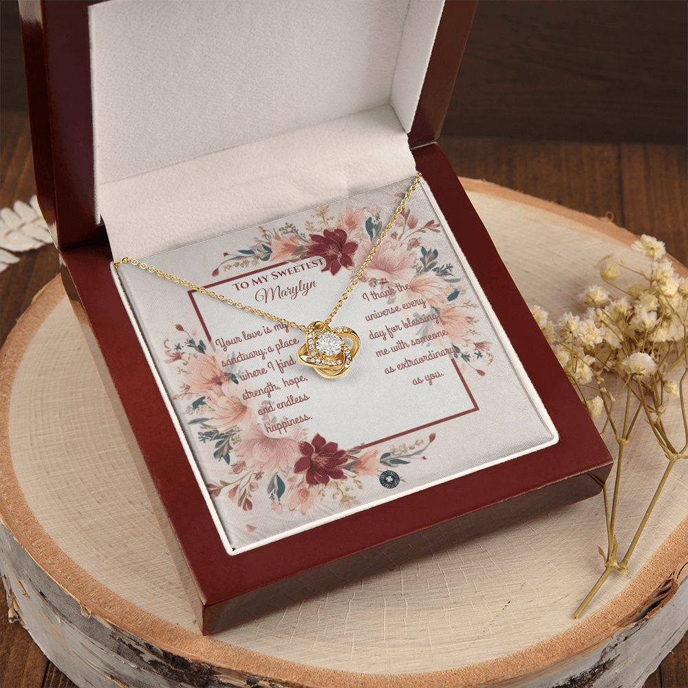 Love Knot Necklace: Darling Jewelry 18K Yellow Gold Mahogany Style Luxury Box with LED The Silver Clover & Co.
