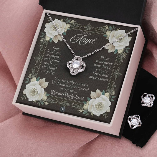Love Knot Necklace & Earring Set: Angel Jewelry Two Tone Box The Silver Clover & Co.