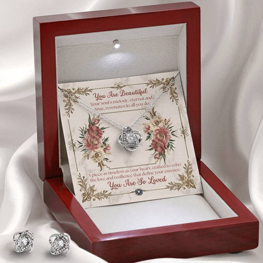 Love Knot Necklace & Earring Set: Beautiful Jewelry Two Tone Box The Silver Clover & Co.