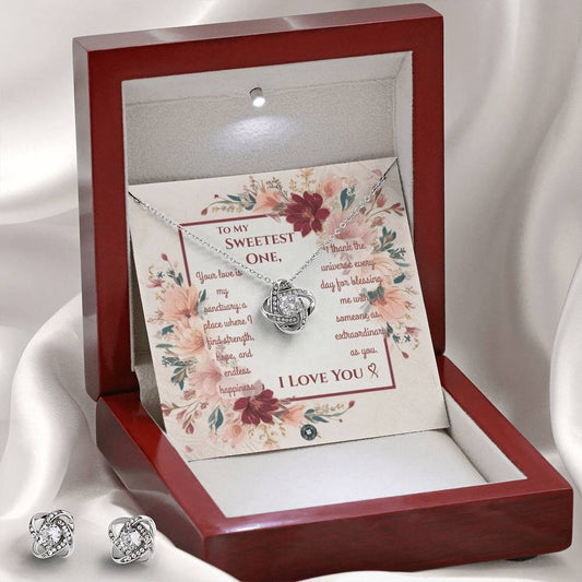 Love Knot Necklace & Earring Set: Darling Jewelry Two Tone Box The Silver Clover & Co.
