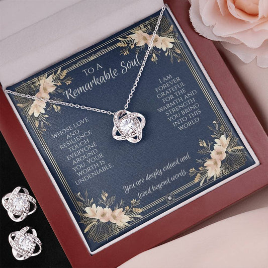 Love Knot Necklace & Earring Set: Princess Jewelry Mahogany Style Luxury Box w/LED The Silver Clover & Co.