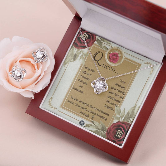 Love Knot Necklace & Earring Set: Queen Jewelry Two Tone Box The Silver Clover & Co.