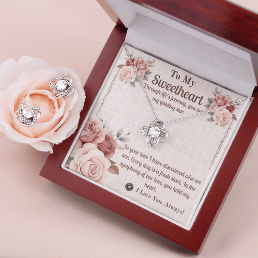 Love Knot Necklace & Earring Set: Sweetheart Jewelry Two Tone Box The Silver Clover & Co.