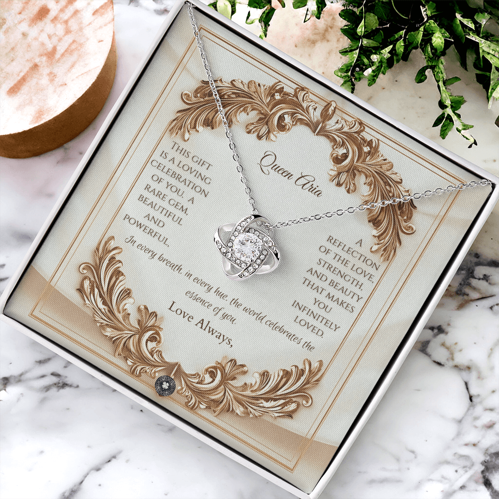 Love Knot Necklace: Elegance Jewelry 18K Yellow Gold Mahogany Style Luxury Box with LED The Silver Clover & Co.