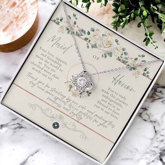 Love Knot Necklace: Maid of Honor Jewelry 14K White Gold Finish White Luxe Two Tone Box The Silver Clover & Co.