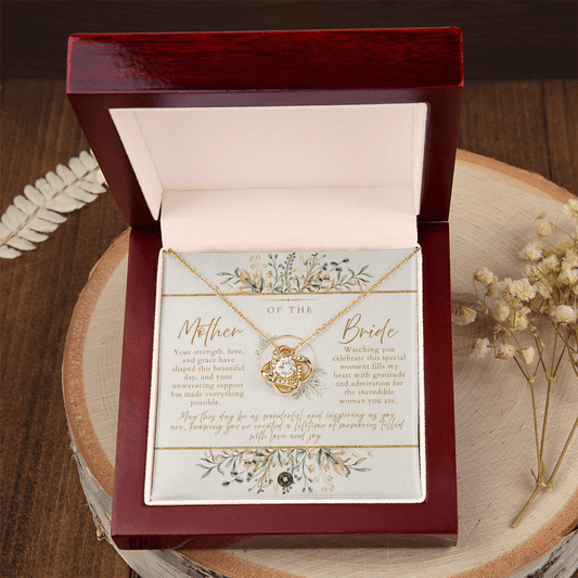 Love Knot Necklace: Mother of the Bride Jewelry 18K Yellow Gold Finish Boho Luxe Mahogany Style Luxury Box with LED The Silver Clover & Co.
