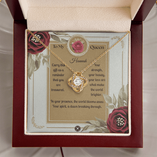 Love Knot Necklace: Queen Jewelry 18K Yellow Gold Finish Mahogany Style Luxury Box with LED The Silver Clover & Co.