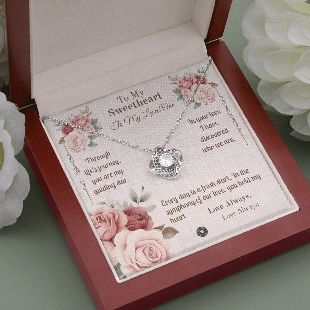 Love Knot Necklace: Sweetheart Jewelry 14K White Gold Mahogany Style Luxury Box with LED The Silver Clover & Co.