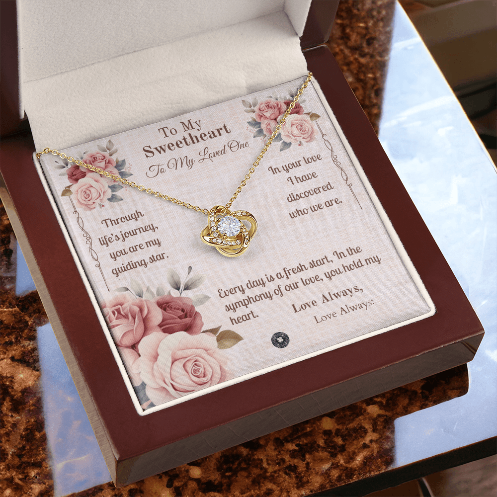 Love Knot Necklace: Sweetheart Jewelry 18K Yellow Gold Mahogany Style Luxury Box with LED The Silver Clover & Co.
