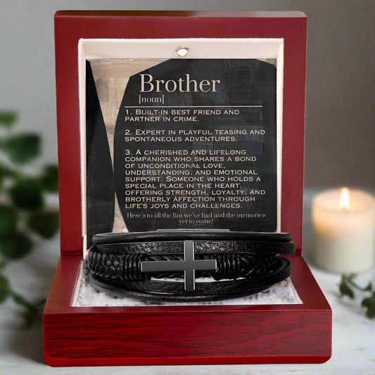 Men's Cross Bracelet: For Brother Jewelry Cork & Coal Mahogany Style Luxury Box with LED The Silver Clover & Co.