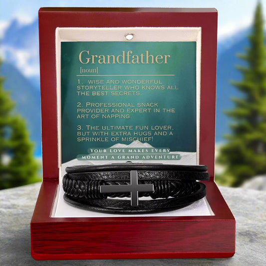 Men's Cross Bracelet: For Grandfather Jewelry Arctic Mahogany Style Luxury Box with LED The Silver Clover & Co.