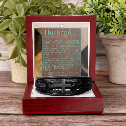 Men's Cross Bracelet: For Husband Jewelry Iron & Patina Mahogany Style Luxury Box with LED The Silver Clover & Co.