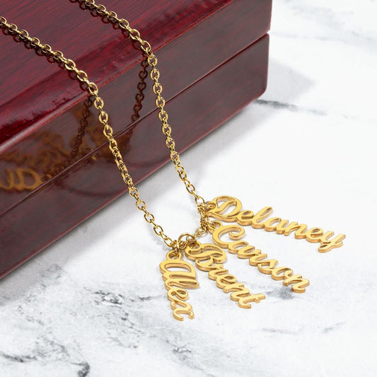 Multi Vertical Name Necklace Jewelry 4 Names 18K Yellow Gold Finish Mahogany Style Luxury Box with LED The Silver Clover & Co.