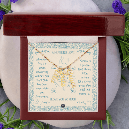 Multi Vertical Name Necklace: A Mother's Love Jewelry 3 Names 18K Yellow Gold Mahogany Style Luxury Box with LED The Silver Clover & Co.