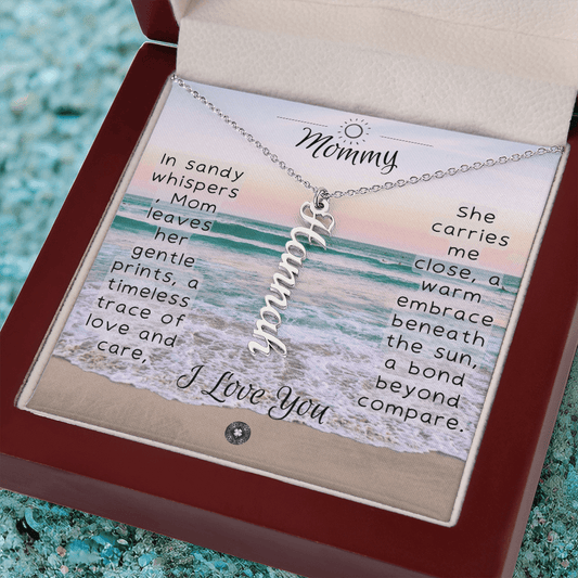 Multi Vertical Name Necklace: Footprints Jewelry 1 Name Polished Stainless Steel Mahogany Style Luxury Box with LED The Silver Clover & Co.