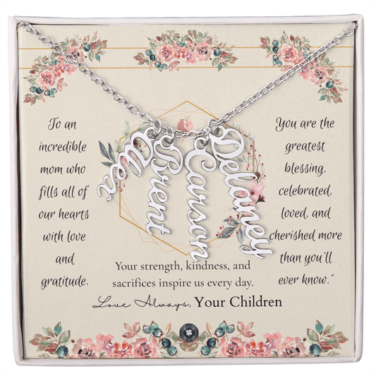 Multi Vertical Name Necklace: Forever Jewelry 4 Names Polished Stainless Steel Two Tone Box The Silver Clover & Co.