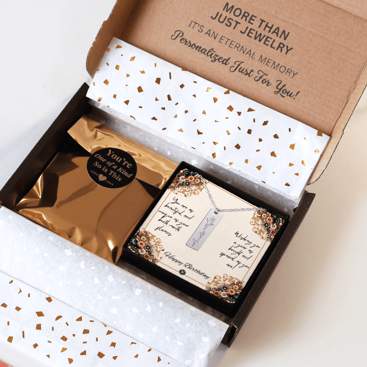 Name & Birth Flower Tag Necklace Birthdays October No Engraving 18K Rose Gold Plated The Silver Clover & Co.