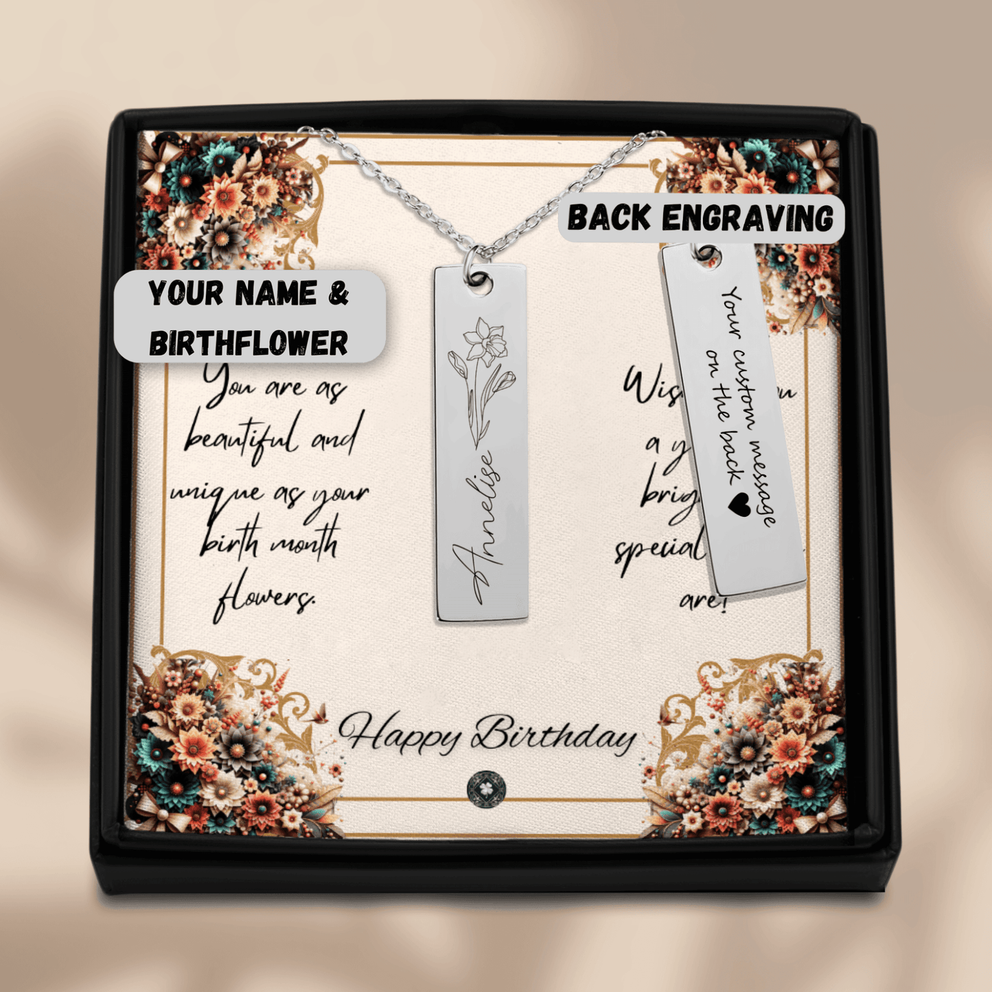 Name & Birth Flower Tag Necklace Birthdays October No Engraving 18K Rose Gold Plated The Silver Clover & Co.