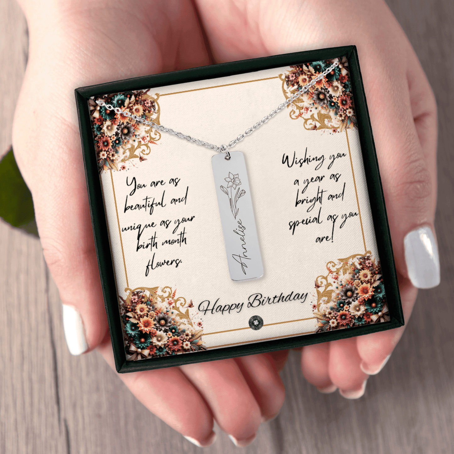 Name & Birth Flower Tag Necklace Birthdays October No Engraving 18K Rose Gold Plated The Silver Clover & Co.