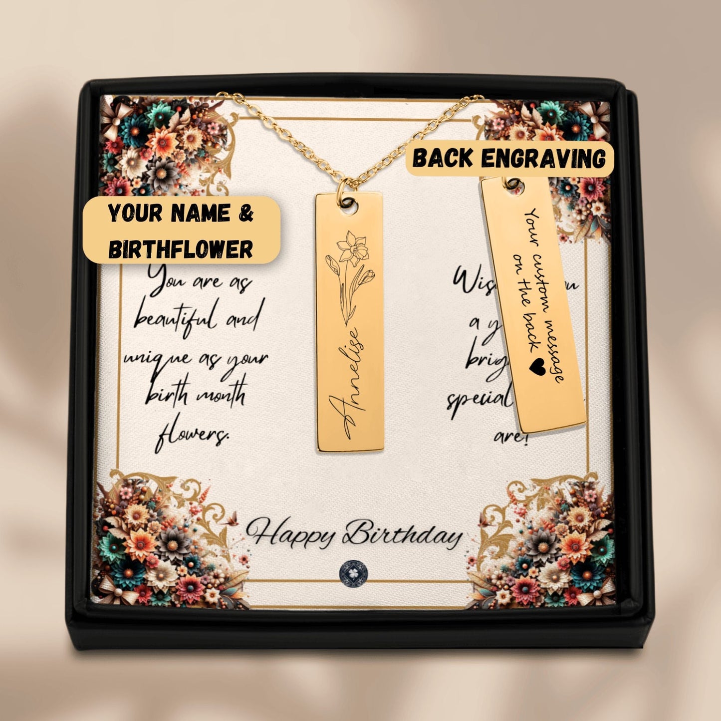 Name & Birth Flower Tag Necklace Birthdays October No Engraving 18K Rose Gold Plated The Silver Clover & Co.