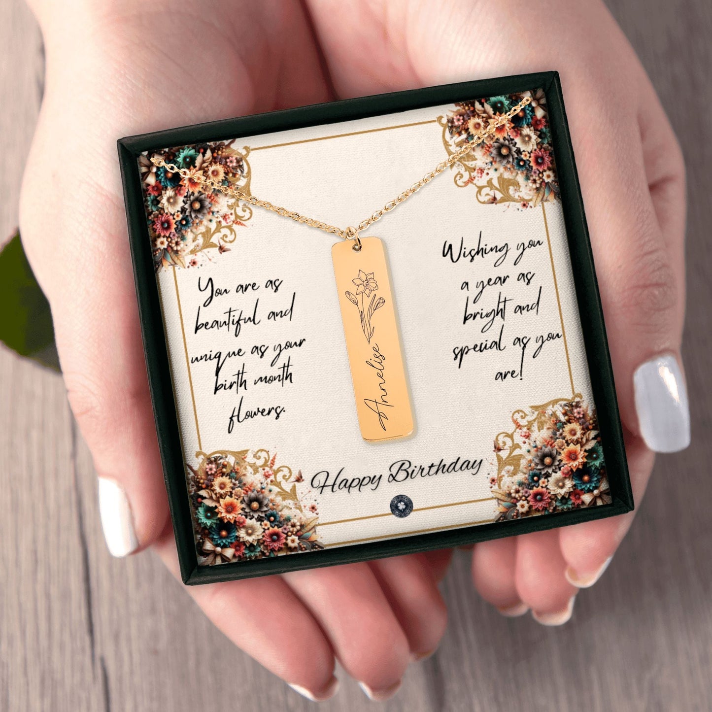 Name & Birth Flower Tag Necklace Birthdays October No Engraving 18K Rose Gold Plated The Silver Clover & Co.