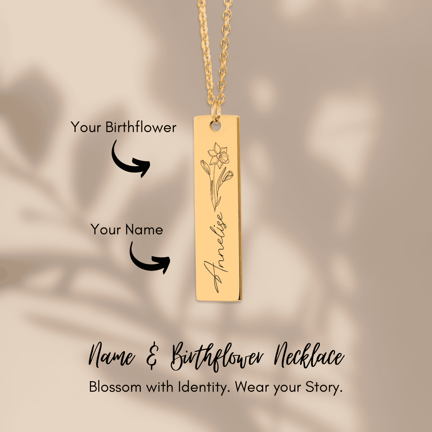 Name & Birth Flower Tag Necklace Birthdays October No Engraving 18K Rose Gold Plated The Silver Clover & Co.