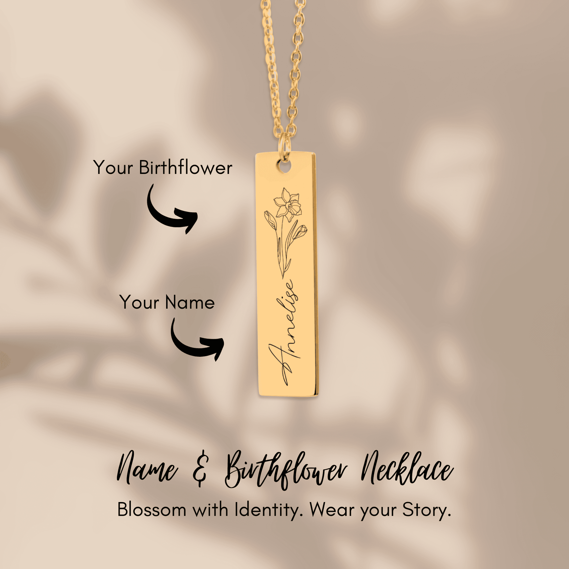 Name & Birth Flower Tag Necklace Birthdays October No Engraving 18K Rose Gold Plated The Silver Clover & Co.