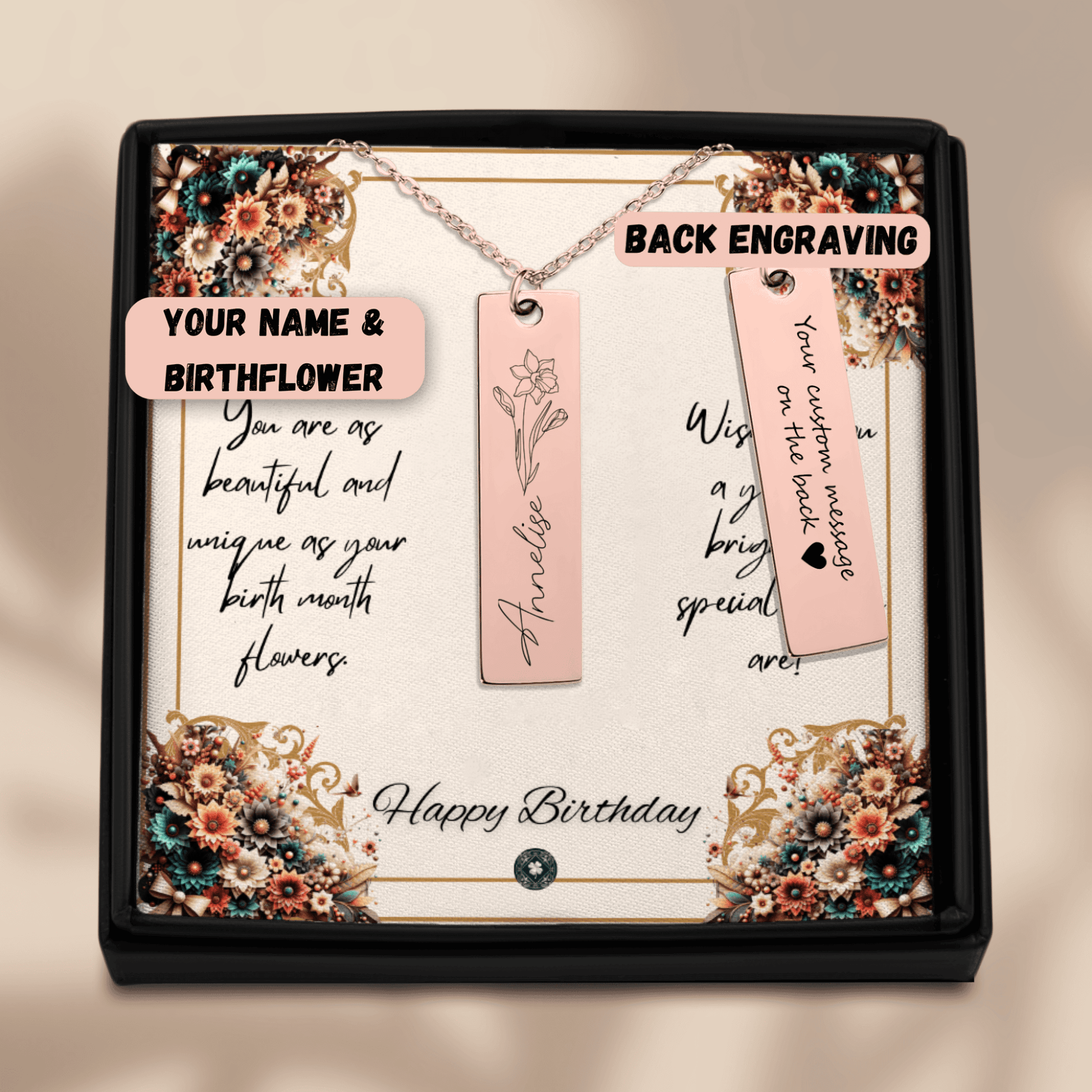 Name & Birth Flower Tag Necklace Birthdays October No Engraving 18K Rose Gold Plated The Silver Clover & Co.
