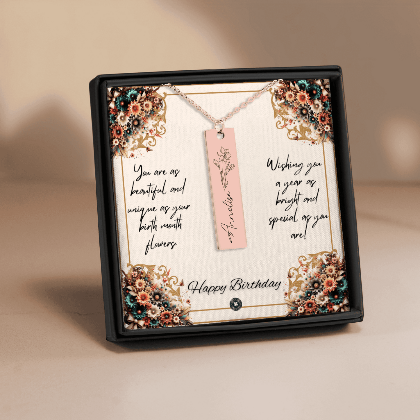 Name & Birth Flower Tag Necklace Birthdays October No Engraving 18K Rose Gold Plated The Silver Clover & Co.