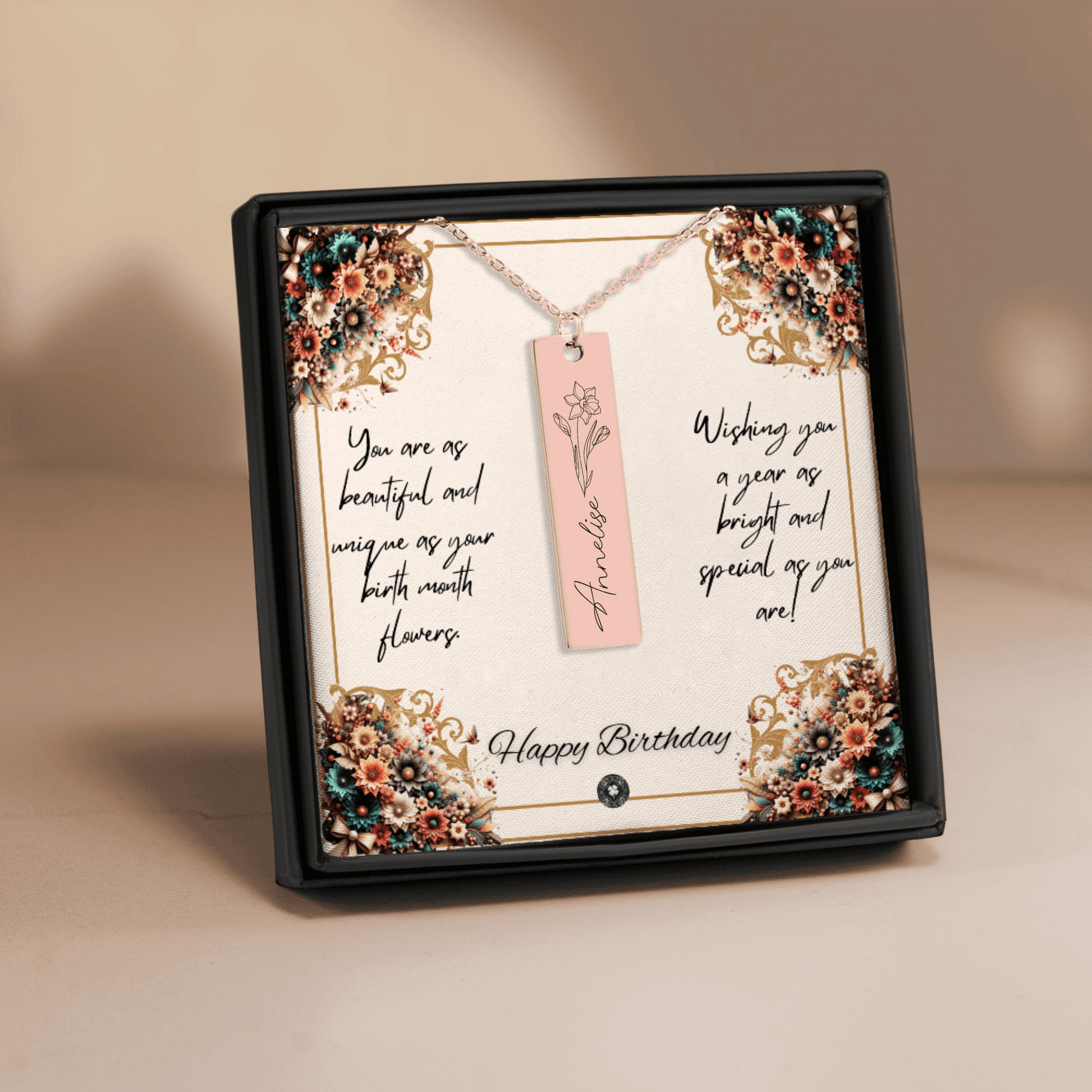 Name & Birth Flower Tag Necklace Birthdays October No Engraving 18K Rose Gold Plated The Silver Clover & Co.