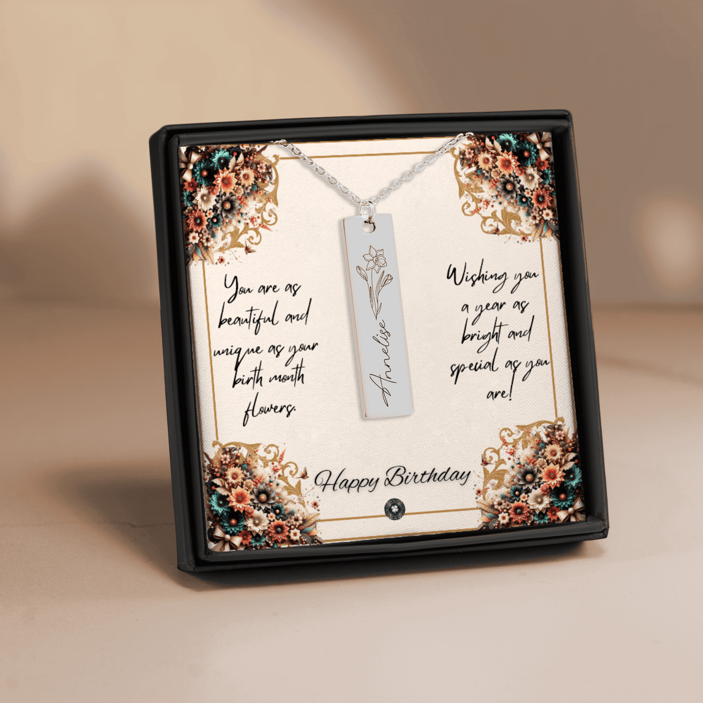 Name & Birth Flower Tag Necklace Birthdays October No Engraving 18K Rose Gold Plated The Silver Clover & Co.