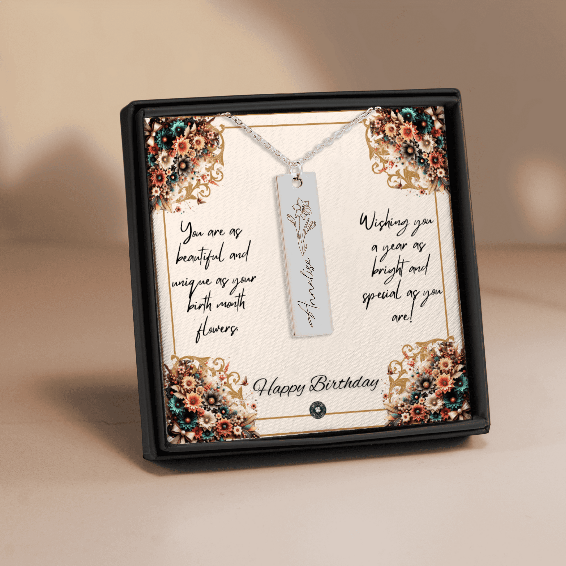 Name & Birth Flower Tag Necklace Birthdays October No Engraving 18K Rose Gold Plated The Silver Clover & Co.