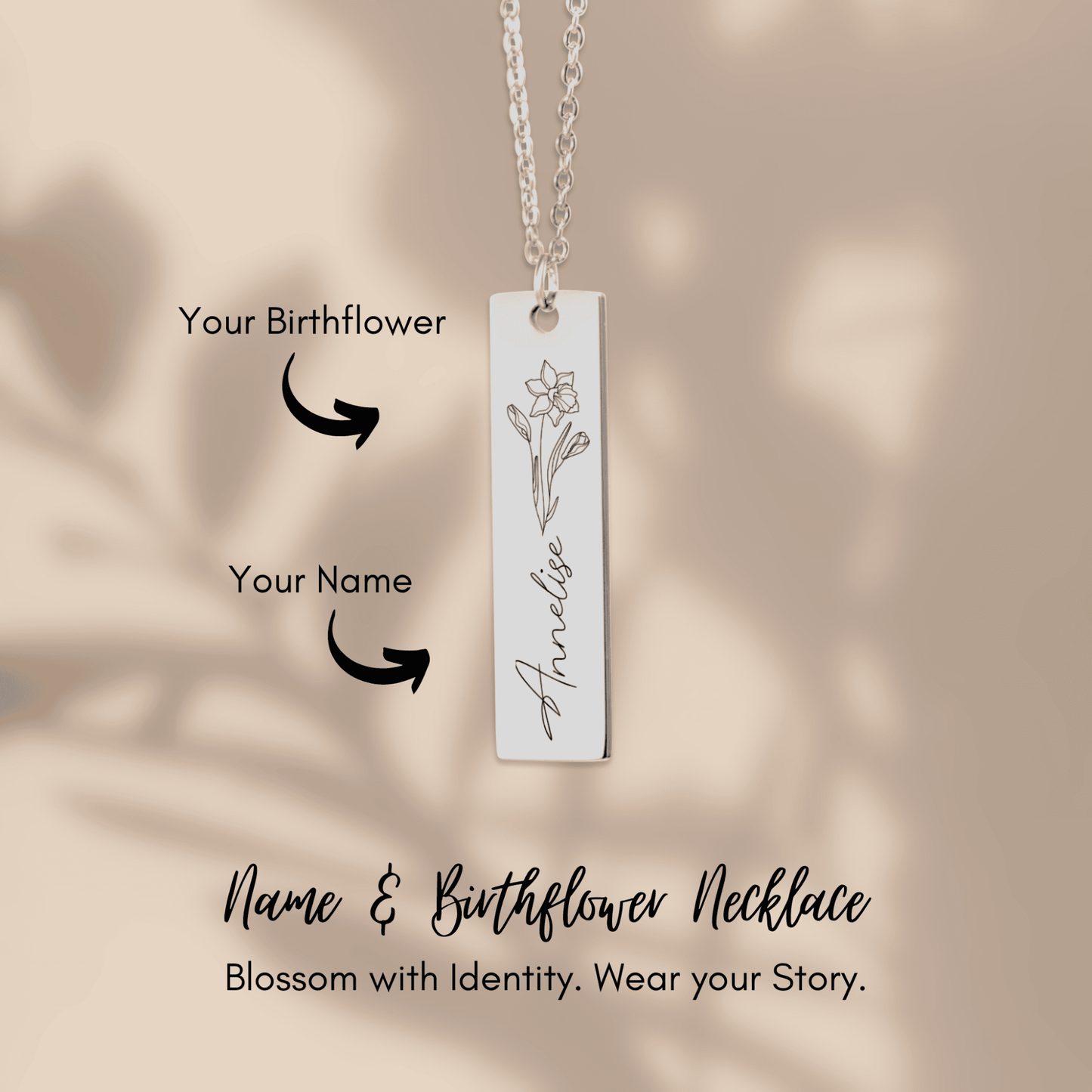 Name & Birth Flower Tag Necklace Birthdays October No Engraving 18K Rose Gold Plated The Silver Clover & Co.