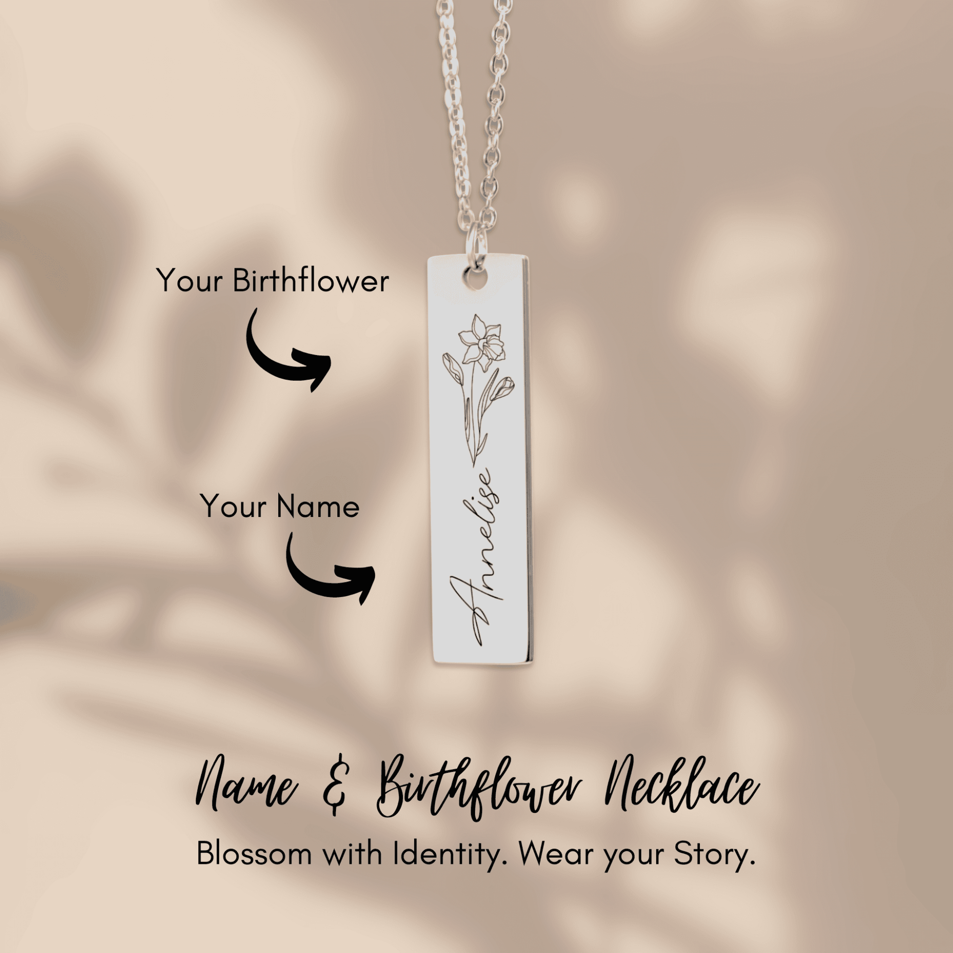 Name & Birth Flower Tag Necklace Birthdays October No Engraving 18K Rose Gold Plated The Silver Clover & Co.