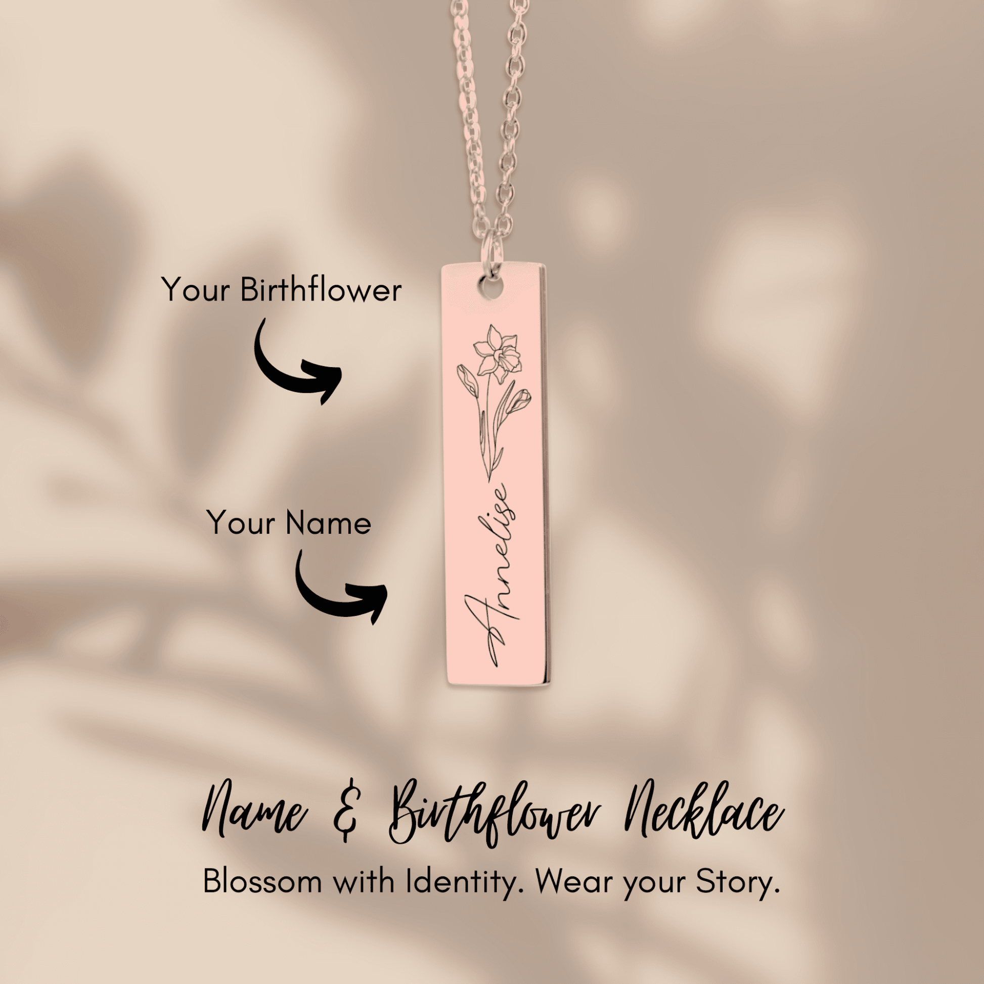 Name & Birth Flower Tag Necklace Birthdays October No Engraving 18K Rose Gold Plated The Silver Clover & Co.