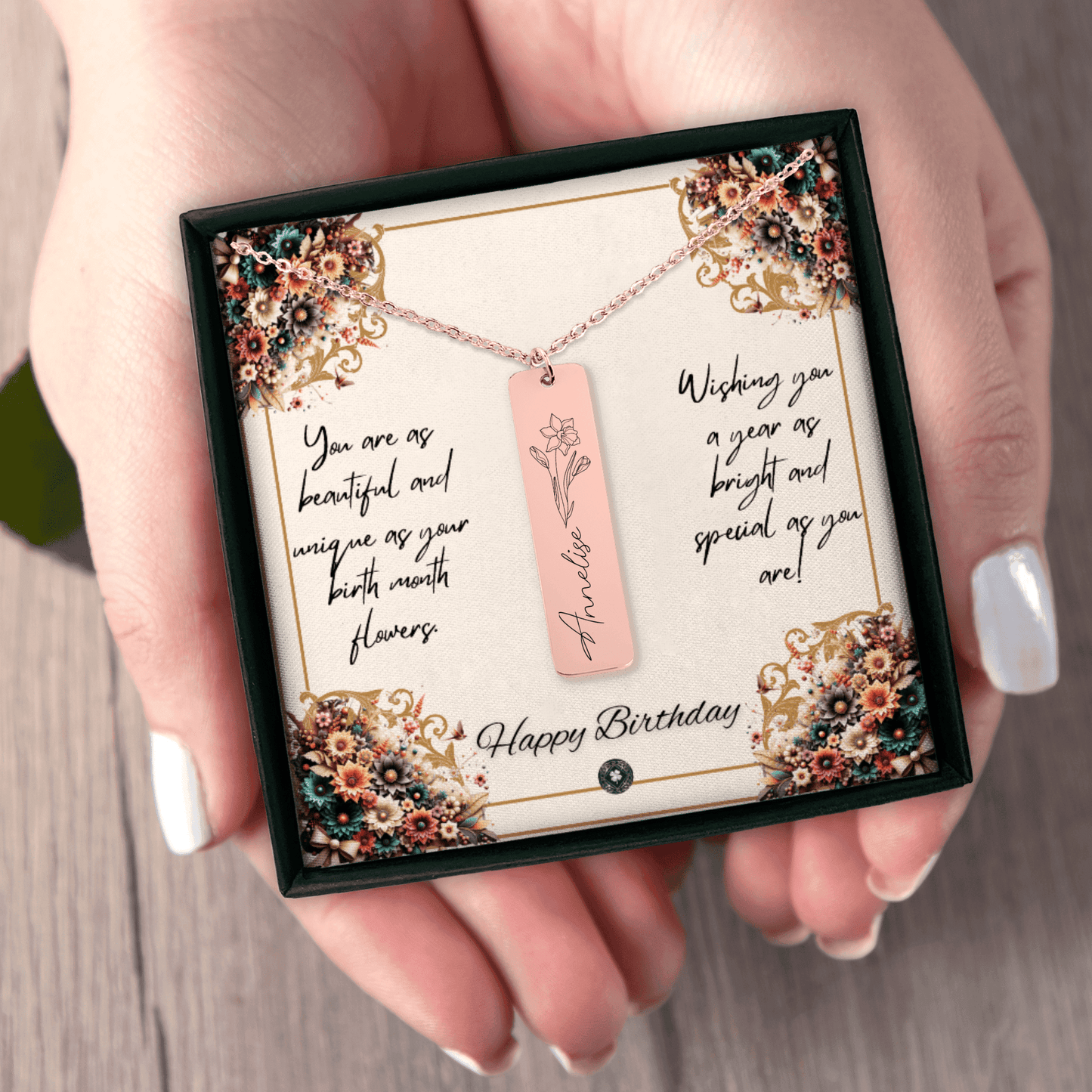 Name & Birth Flower Tag Necklace Birthdays October No Engraving 18K Rose Gold Plated The Silver Clover & Co.