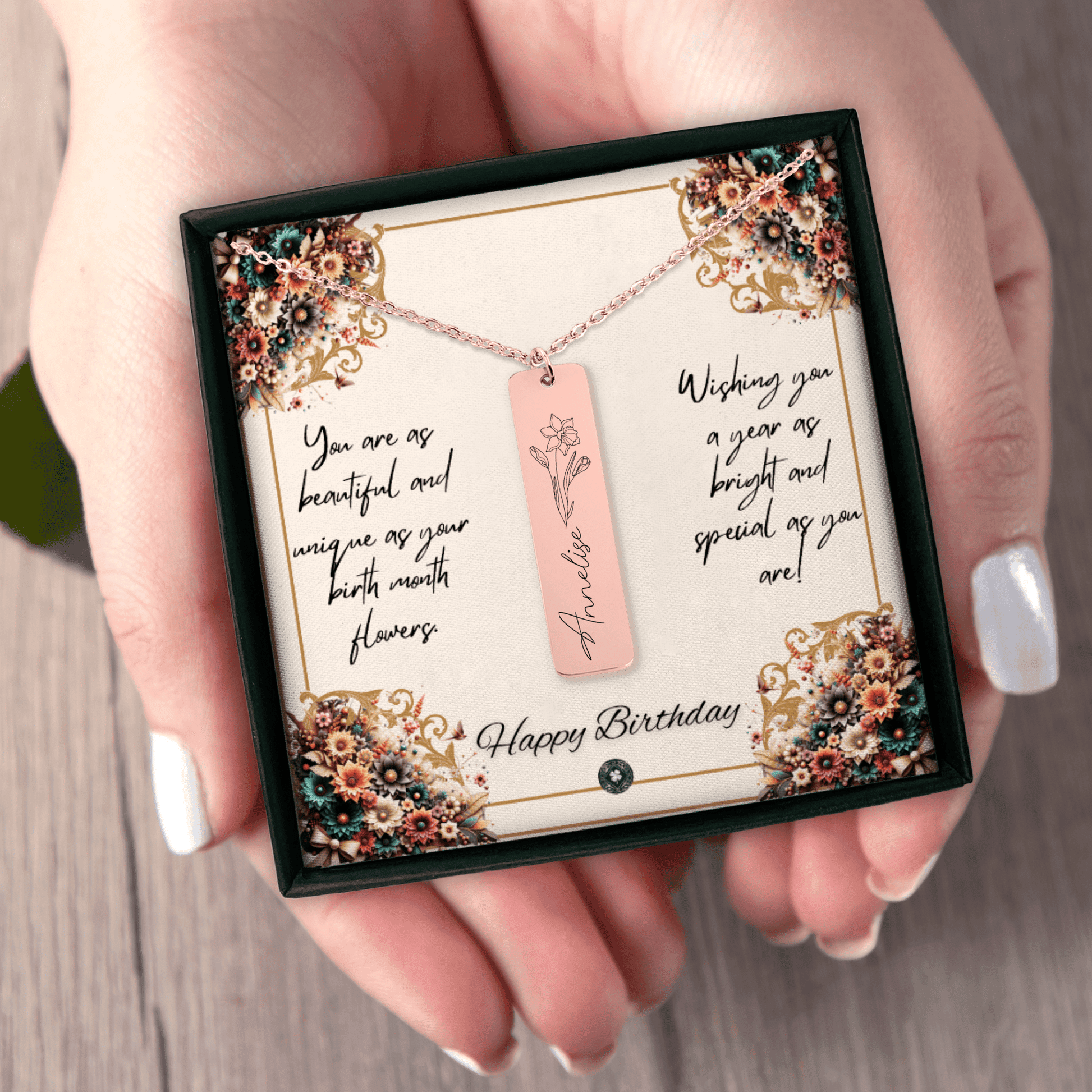 Name & Birth Flower Tag Necklace Birthdays October No Engraving 18K Rose Gold Plated The Silver Clover & Co.