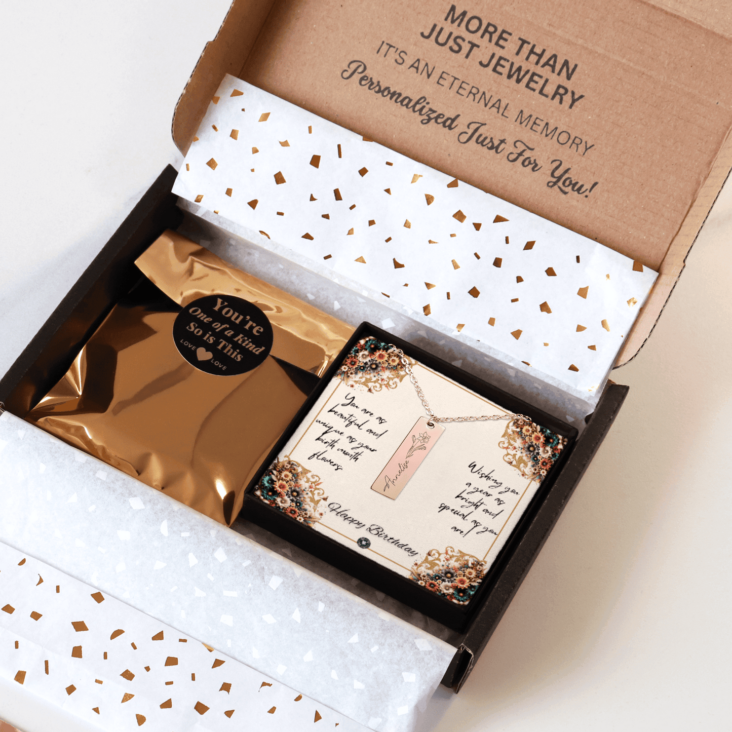 Name & Birth Flower Tag Necklace Birthdays October No Engraving 18K Rose Gold Plated The Silver Clover & Co.