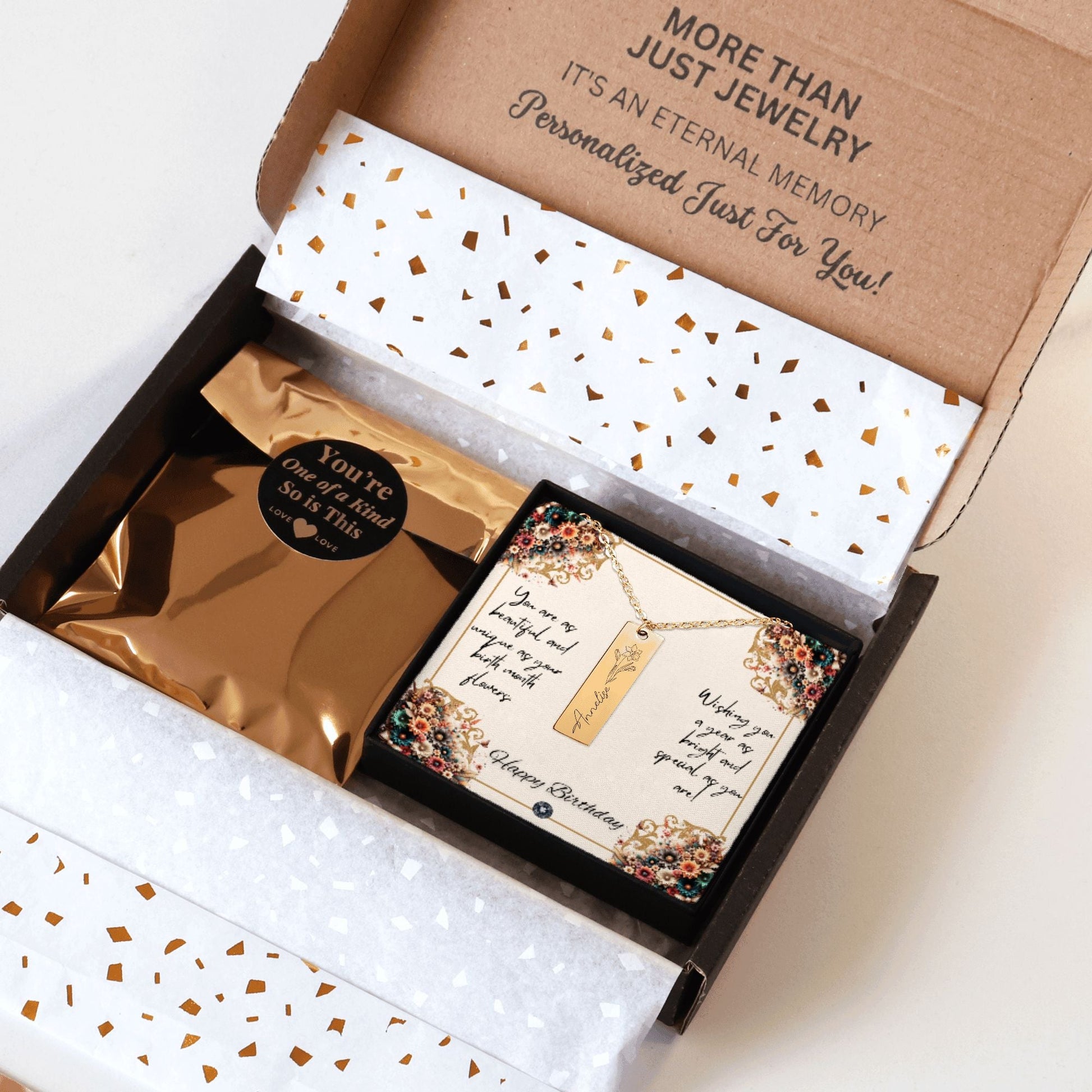 Name & Birth Flower Tag Necklace Birthdays October No Engraving 18K Rose Gold Plated The Silver Clover & Co.