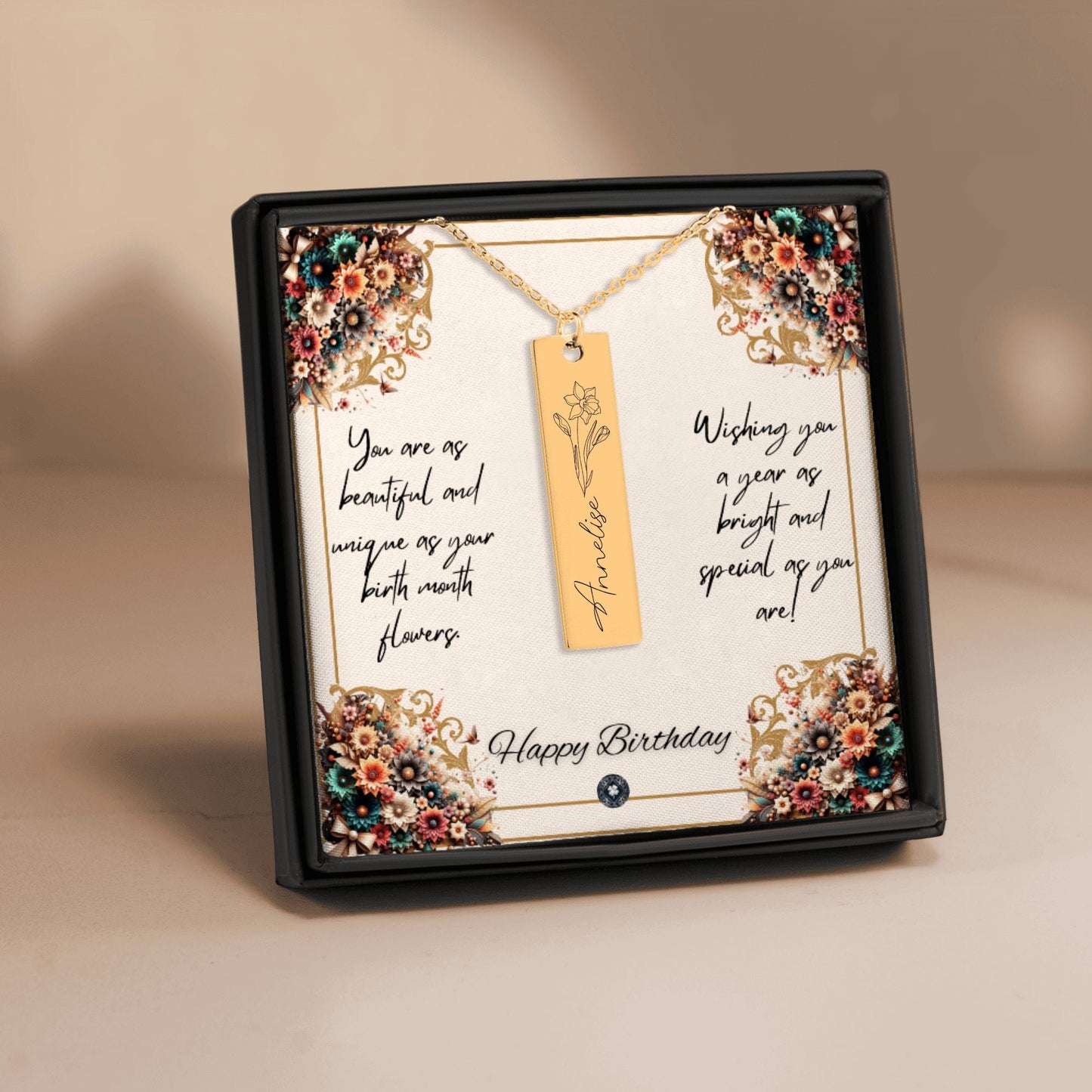 Name & Birth Flower Tag Necklace Birthdays October No Engraving 18K Rose Gold Plated The Silver Clover & Co.