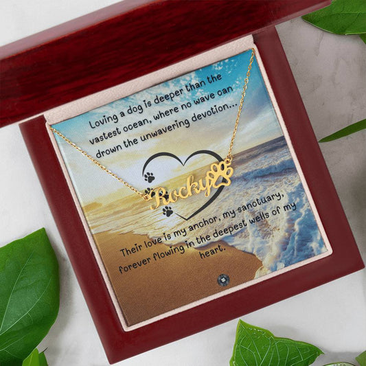Paw Print & Name Necklace: Beach Jewelry 18k Yellow Gold Mahogany Style Luxury Box with LED The Silver Clover & Co.