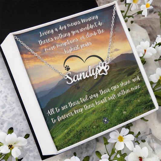 Paw Print & Name Necklace: Mountains Jewelry Polished Stainless Steel Two Tone Box The Silver Clover & Co.