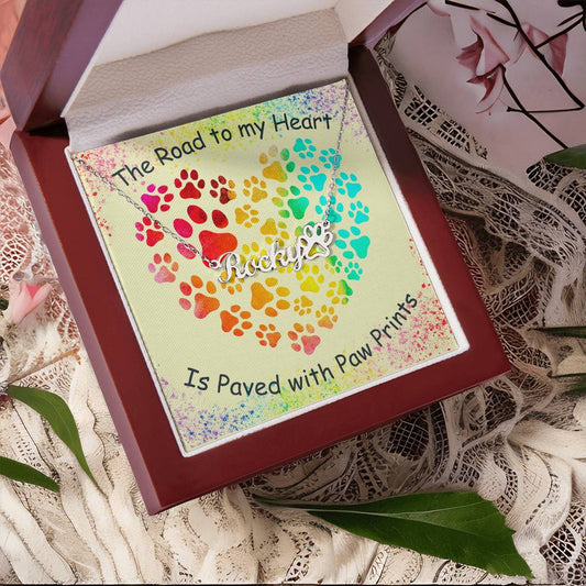 Paw Print & Name Necklace: Rainbow Jewelry Polished Stainless Steel Two Tone Box The Silver Clover & Co.