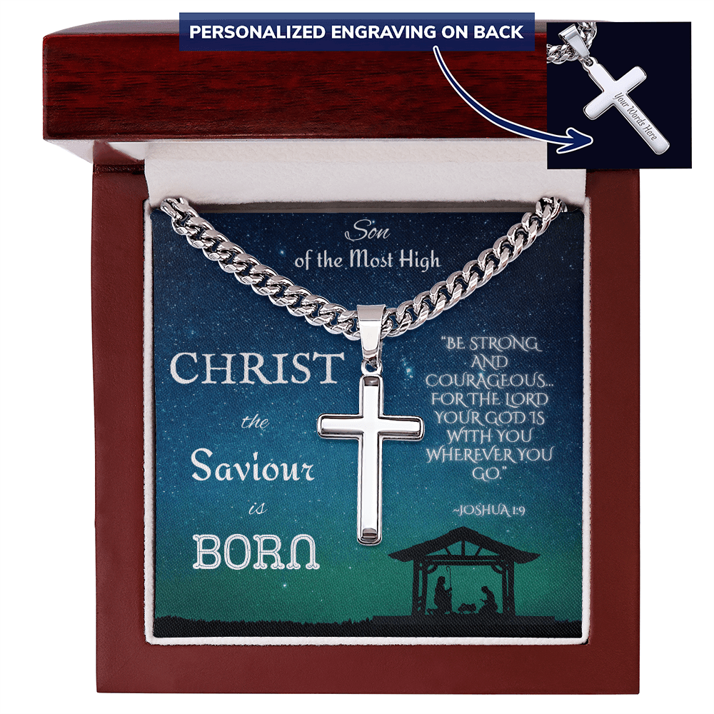 Personalized Cross with Cuban Link Chain: Christian Christmas for Him Jewelry Mahogany Style Luxury Box Polished Stainless Steel The Silver Clover & Co.