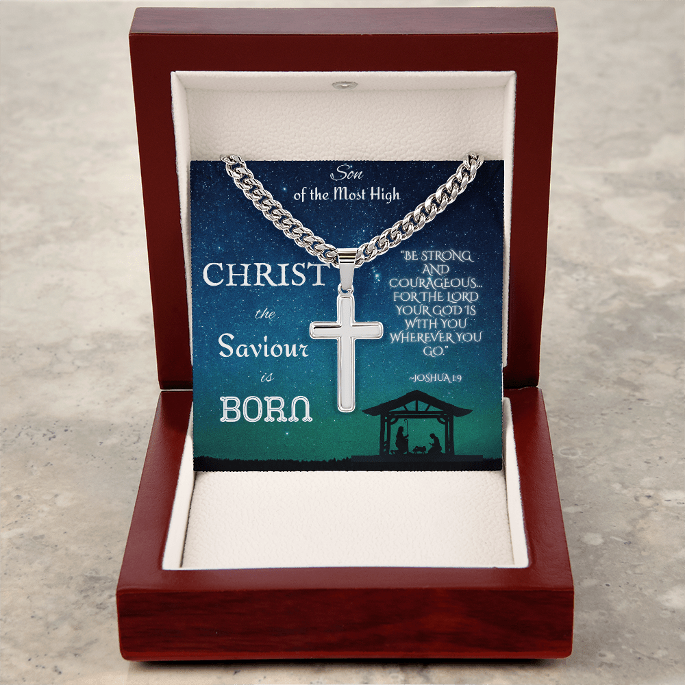 Personalized Cross with Cuban Link Chain: Christian Christmas for Him Jewelry Mahogany Style Luxury Box Polished Stainless Steel The Silver Clover & Co.