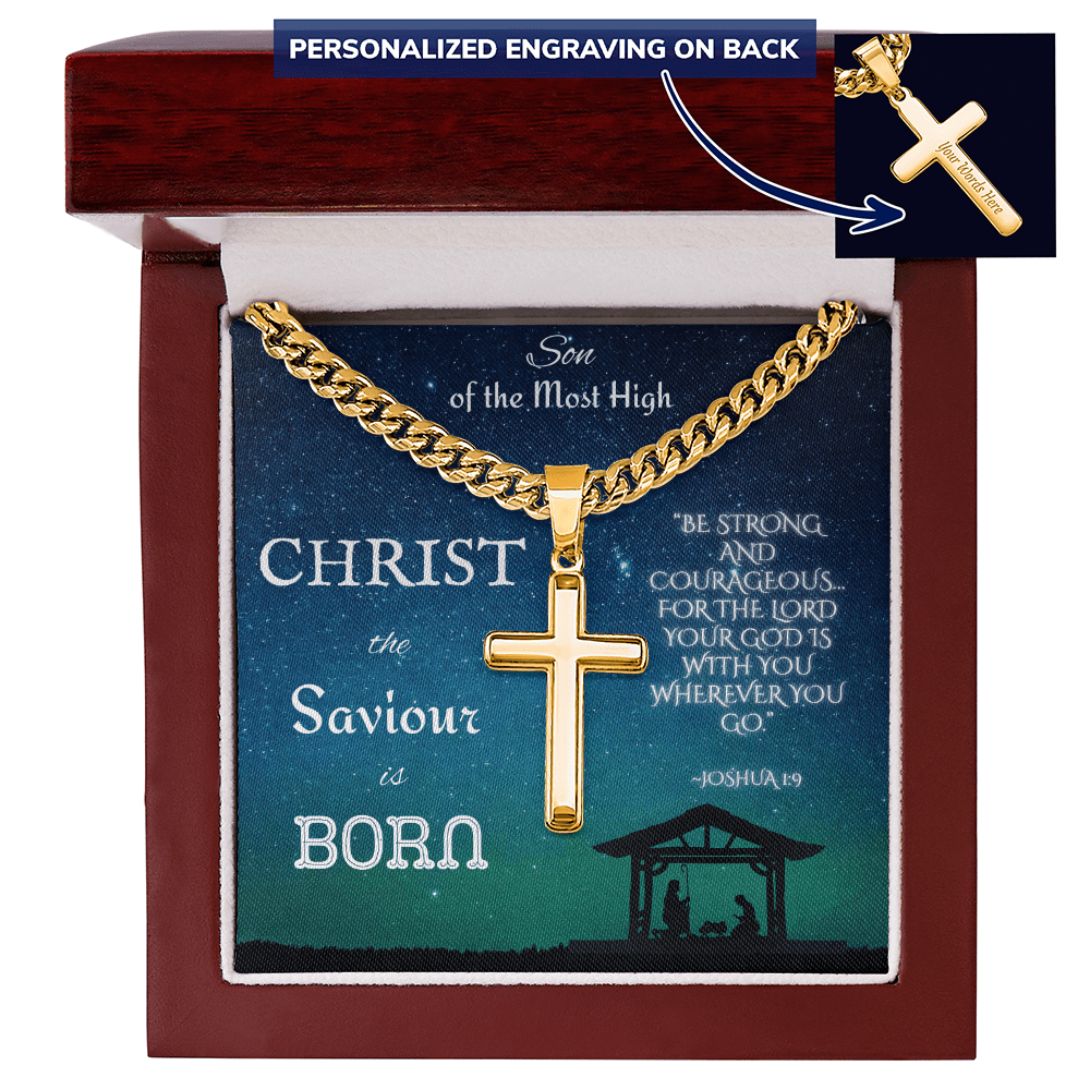 Personalized Cross with Cuban Link Chain: Christian Christmas for Him Jewelry Mahogany Style Luxury Box 18K Yellow Gold The Silver Clover & Co.
