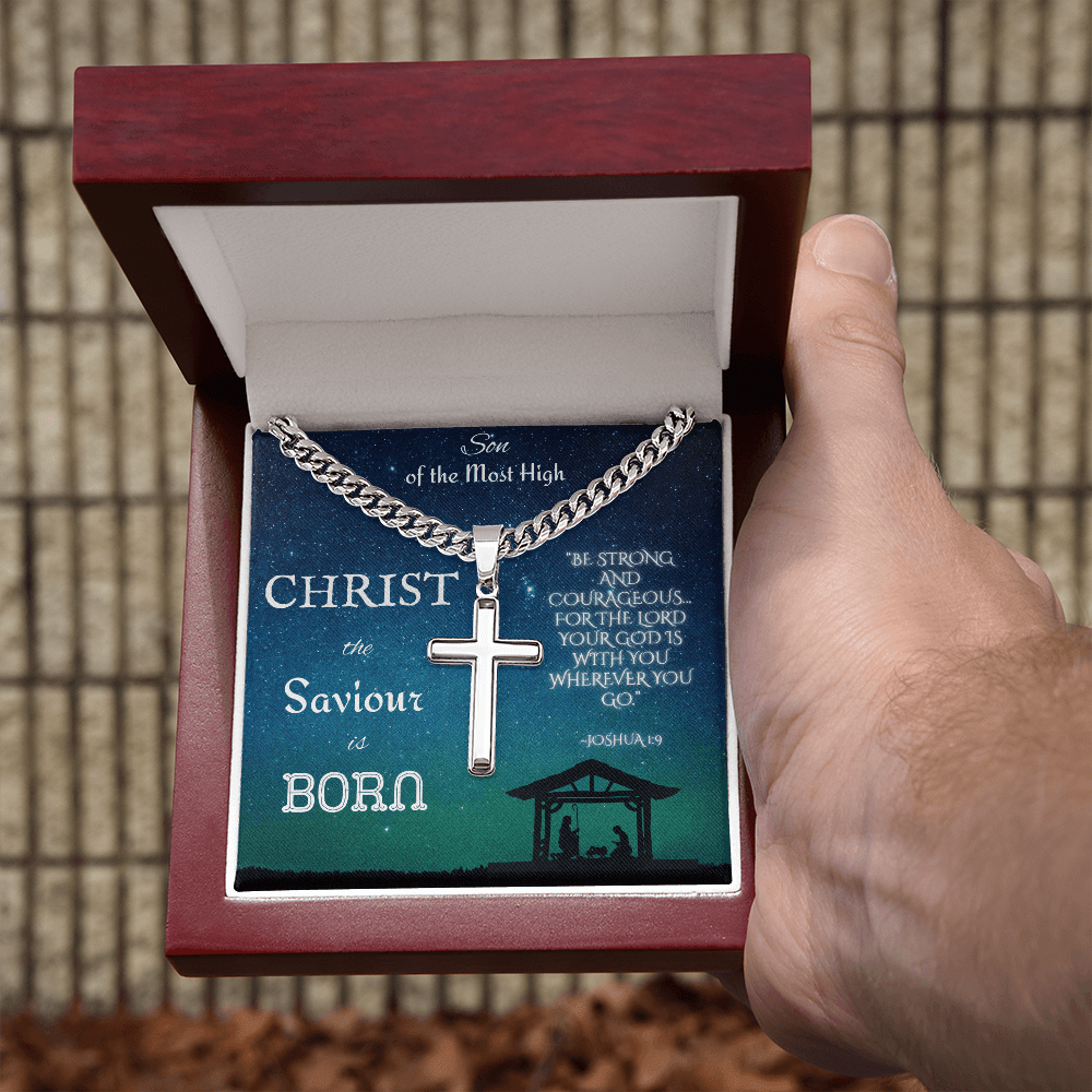 Personalized Cross with Cuban Link Chain: Christian Christmas for Him Jewelry Mahogany Style Luxury Box Polished Stainless Steel The Silver Clover & Co.