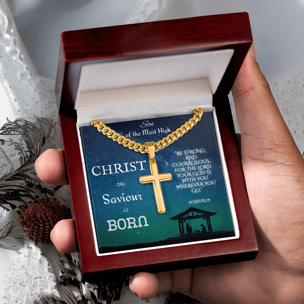 Personalized Cross with Cuban Link Chain: Christian Christmas for Him Jewelry Mahogany Style Luxury Box 18K Yellow Gold The Silver Clover & Co.