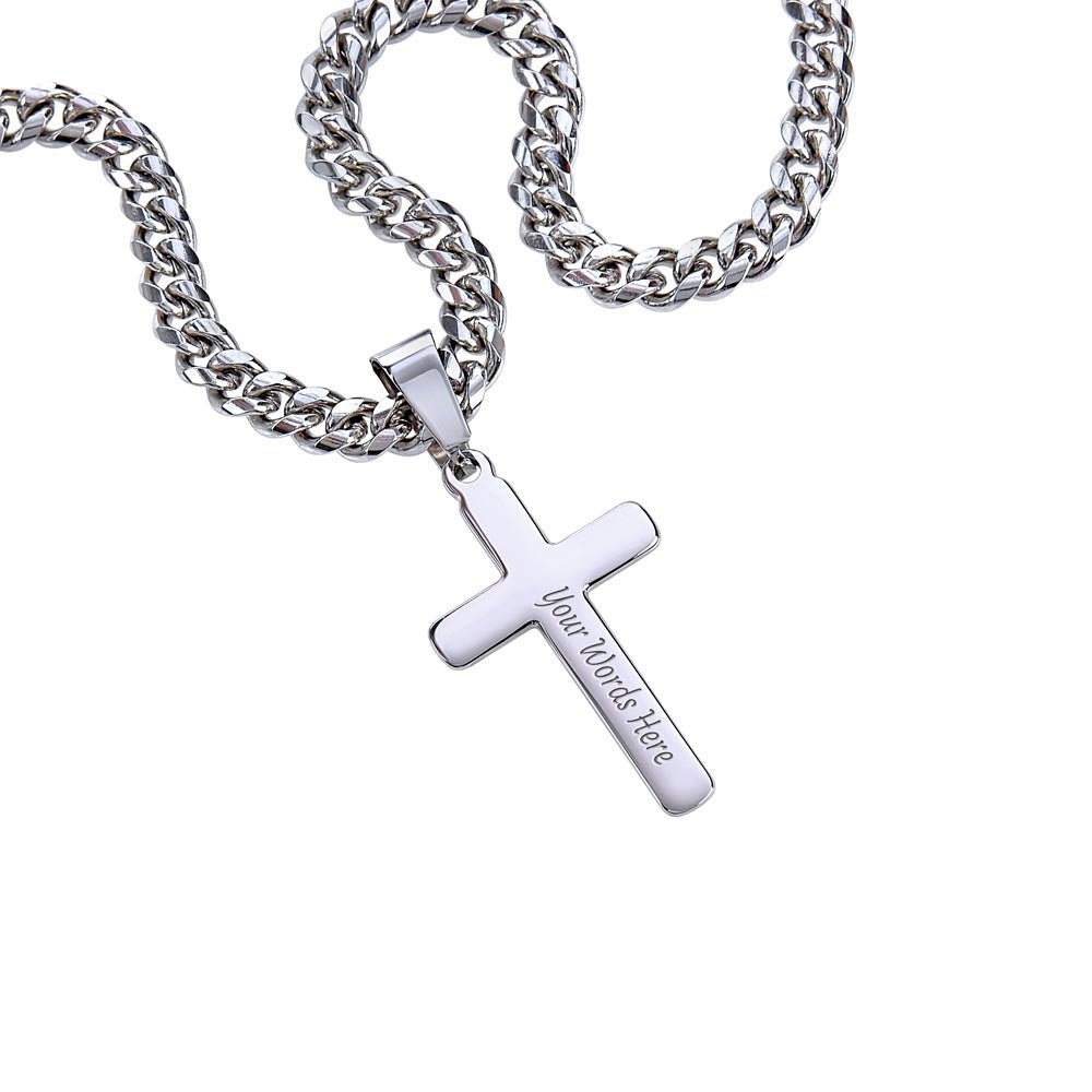 Personalized Cross with Cuban Link Chain: Christian Christmas for Him Jewelry Two Tone Box Polished Stainless Steel The Silver Clover & Co.